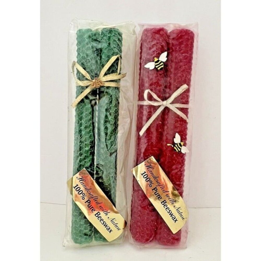 2 Red & 2 Green 100% PURE BEESWAX Handmade Organic Tall Taper Candles Honey Bees